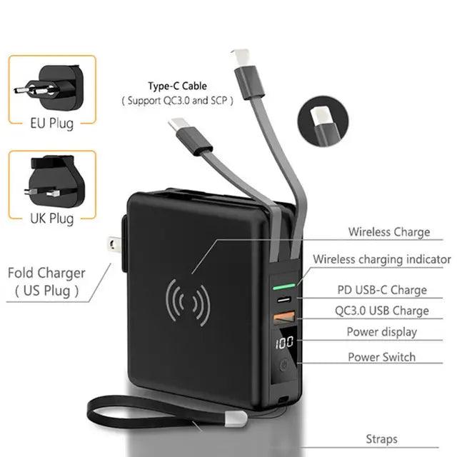 Portable 10000mAH 5 in 1 Power Bank Charger Wall Plug with Built-in Cables