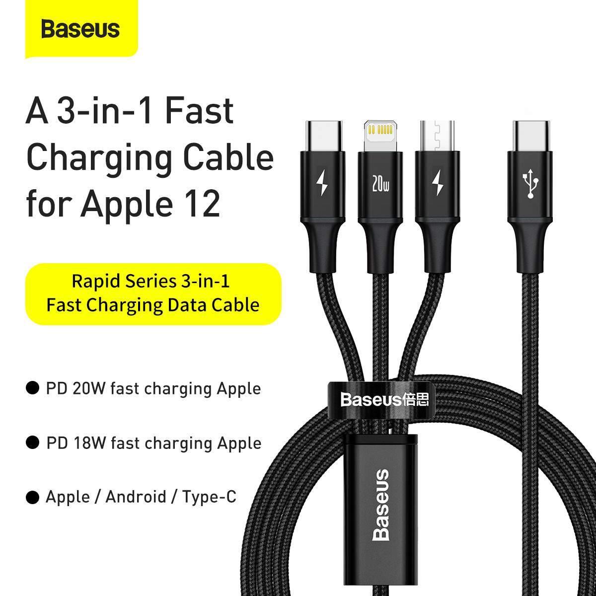 Baseus Rapid Series USB Type C 3-in-1 PD 20W Fast Charging Data Cable - Mainz Empire Pte Ltd