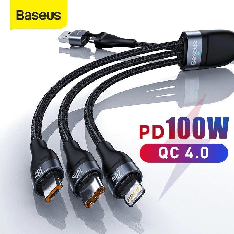Baseus 1.2M 100W 3 in 1 USB/Type C QC4.0 Charging Cable - Mainz Empire Pte Ltd