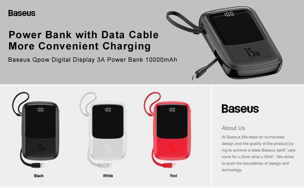 Baseus 10000mAh 3A Fast Charging Dual Output with LED Display n Built in Cable Power Bank - Mainz Empire Pte Ltd