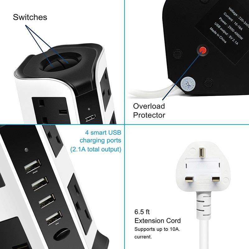 8 Way/12 Way Outlet Sockets with 4 USB 2.1A Charging Ports Tower USB Power Socket - Mainz Empire Pte Ltd