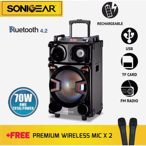 SonicGear Bluetooth Powerful Portable Speaker (Free Wireless Mic x 2) - Mainz Empire Pte Ltd