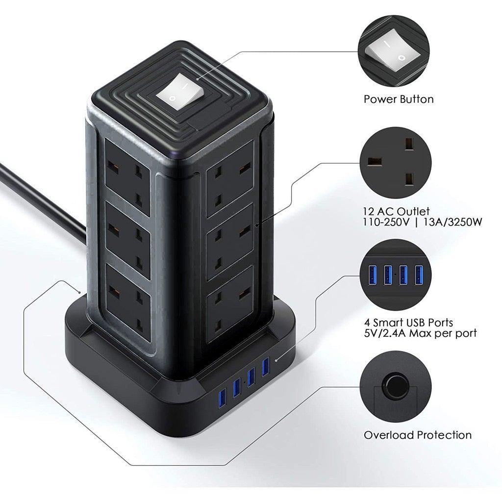 8 Way/12 Way Outlet Sockets with 4 USB 2.1A Charging Ports Tower USB Power Socket - Mainz Empire Pte Ltd