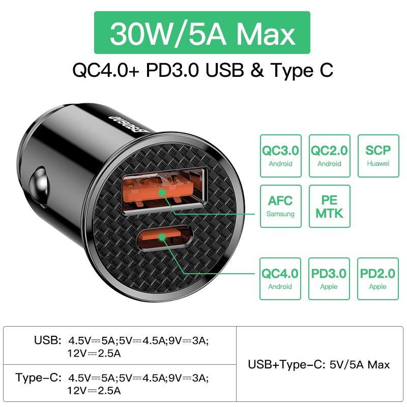 Baseus 30W/5A Mini Dual USB/Type C QC Car Charger - Mainz Empire Pte Ltd