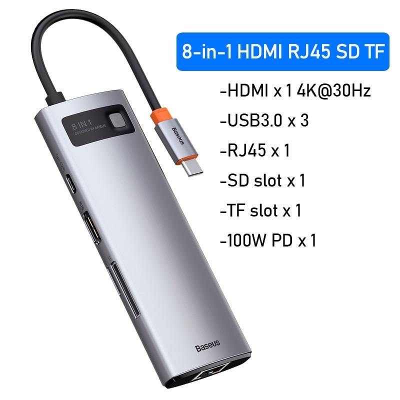 Baseus USB C HUB Type C to HDMI-compatible USB 3.0 Adapter 8 in 1 Type C HUB Dock USB C Splitter - Mainz Empire Pte Ltd