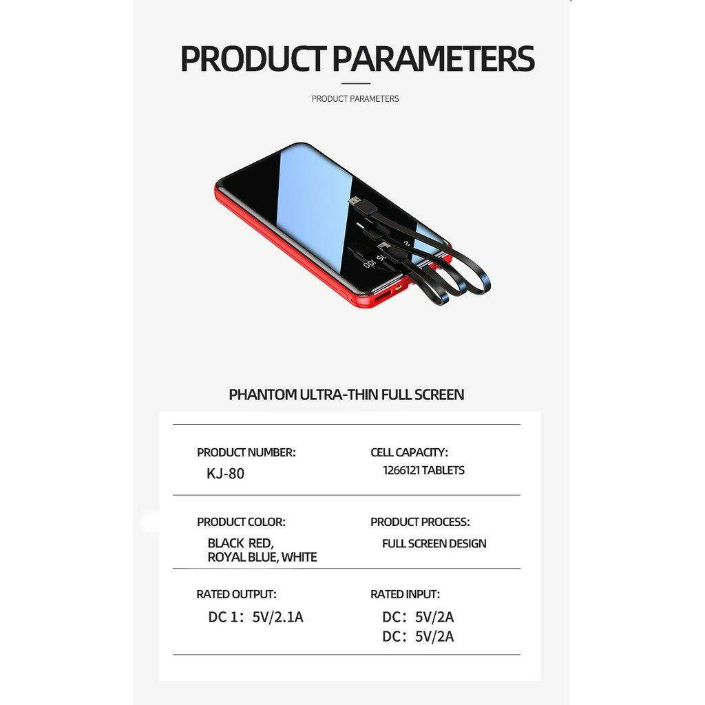 20000mAh Quick Charge Mirror Power Bank with Built In Cables n LED Torch - Mainz Empire Pte Ltd