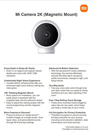 Xiaomi Mi Camera 2K Magnetic Mount, Ultra Clear 2k Image Quality, Infrared  Night Vision, Two-Way Voice Calls, Motion Detection, Smart Voice Control